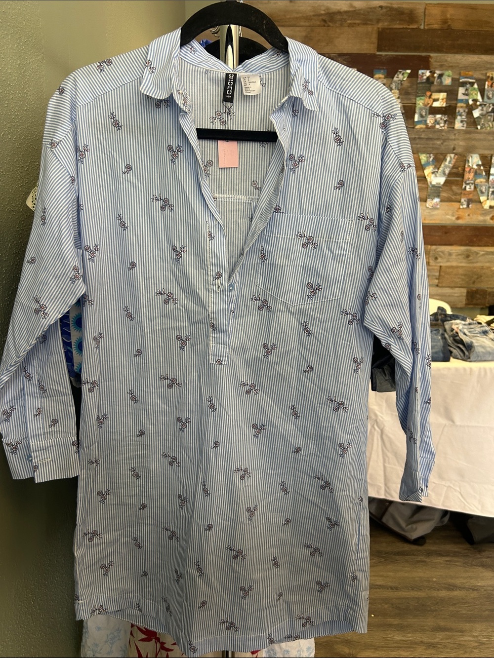 Divided Light Blue & White Striped Button-Down Dress with Navy Floral Motif